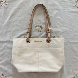 Michael Kors Tan and White Tote Bag with Tan Leather Handles and Gold Accents